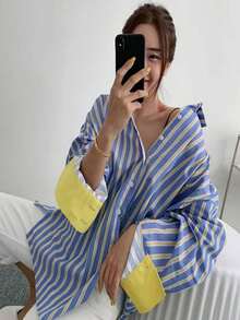 Women's Oversized Striped Button-Up Shirt, Loose Fit Contrast Color Cuff Casual Long Sleeve Top, Suitable For Daily And Streetwear Spring - Blue - View 3