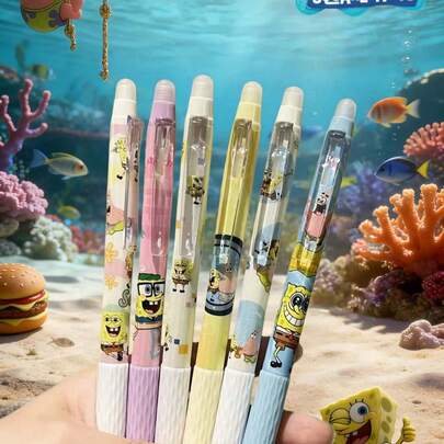SpongeBob SquarePants 1支/3支/6支装可擦圆珠笔，印有可爱卡通人物（每盒6支），包括章鱼哥、珊迪、小蜗等。图案精美，专为考试练习设计，触感顺滑，书写流畅，不漏墨，速干，可擦，可拆卸。