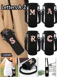字母印花保温水瓶/水杯套，粉色玫瑰字母 A-Z 图案，可调节肩带 - 防滑套，适用于 1500ml 水瓶，适合健身、旅行，保温氯丁橡胶材质，适用于不锈钢、玻璃和塑料水瓶。 - 彩色 - 查看 1