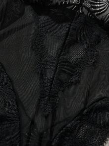 1pc Black Sheer Mesh Floral Lace Deep V-Neck Jumpsuit - Black - View 9