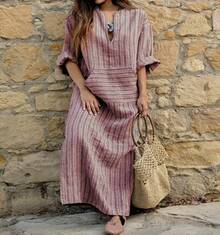 Popular European And American New Cotton Linen Striped Loose Fit Dress Women Summer Casual Vacation Beach Mini Dress 2024 New Arrival - 棗紅條紋 - 查看 11