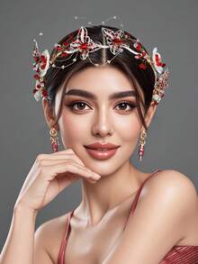 1pc Elegant Alloy Butterfly & Resin Flower Headband, Versatile Bridal Wedding Headpiece, Suitable For Daily, Holiday, Party, Prom Hair Accessory Hair Band Hair Hoop,Summer,Travel - Red - View 2