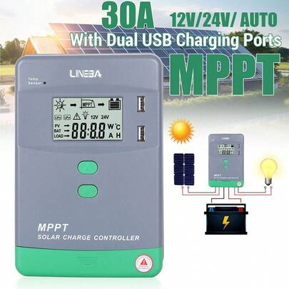 30A Solar Charge Controller, 12V/24V Solar Controller, With 2 USB Interface, MPPT Mode Solar Controller, Solar Photovoltaic Panel Charge Controller, LCD Display - Over-Voltage/Under-Voltage/Overheat/Short Circuit/Reverse Polarity Protection - Compatible With LiFePO4, Lithium, Gel, Sealed, Flooded, Open Batteries - For Solar Panels, RV, Off-Grid, EVs, Energy Systems - Compact Design, Rv Power Management, Userfriendly Interface, Durable Construction, Power Regulation, Offgrid Users, 1 Piece