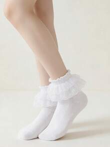 6 Pairs Children's Solid Color Lace Ruffle Princess Fashion Versatile Party Socks - White - View 6