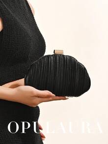 OpulAura 女款極簡貝殼盒型奢華 PU 皮革晚宴手拿包，優雅迷人的晚裝包，閃亮夜用女款手提包，雞尾酒會包，正式派對包，附鏈條浪漫婚禮手拿包 - 黑色 - 查看 8