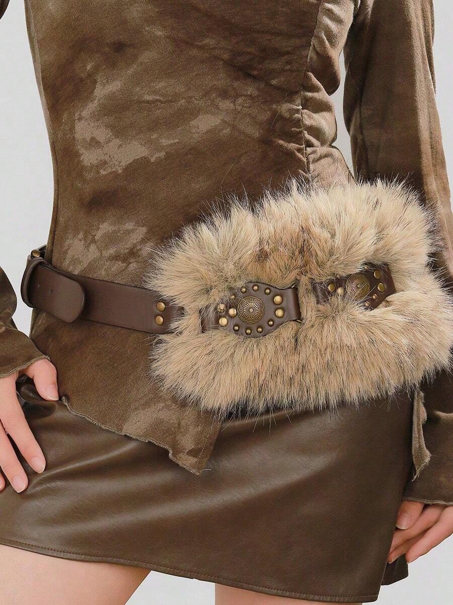 1pc Boho Faux Fur Solid Color Waist Belt, Y2K Vintage Versatile Furry Waist Cincher, Sexy Accessory To Pair With Coats, Jeans, Dresses, Suitable For Daily Wear, Parties, Halloween - B - 查看 1
