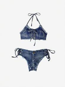女士性感牛仔比基尼套装 - 高腰丁字裤和系带上衣，夏季沙滩泳装 - 藍色 - 查看 1