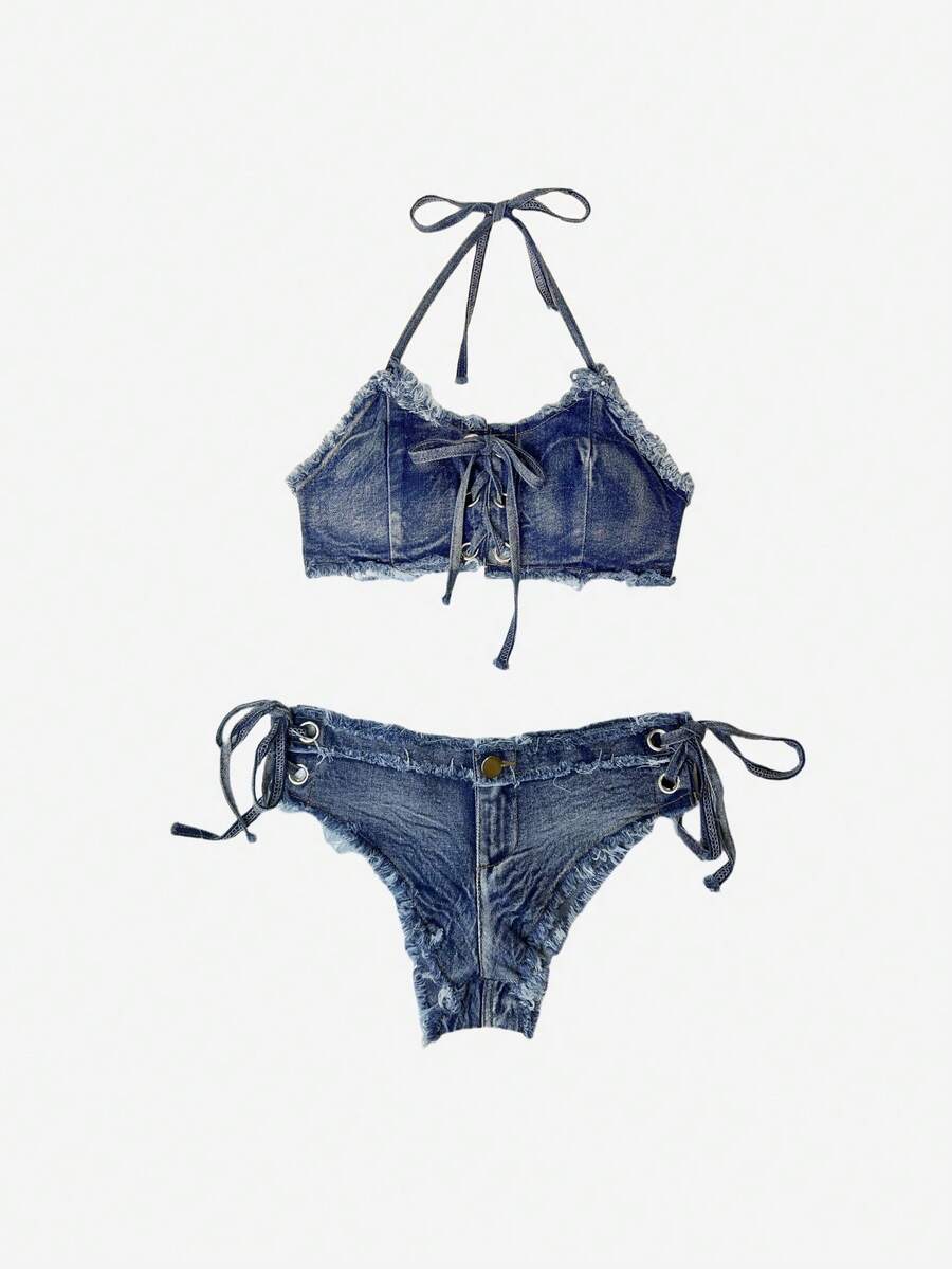 女士性感牛仔比基尼套装 - 高腰丁字裤和系带上衣，夏季沙滩泳装 - 藍色 - 查看 1