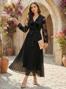 Elegant Women's Long Black Party Dress With Overlap Collar Long Sleeves Contrast Lace And Belted Pleated Flared Hem - Black - View 4