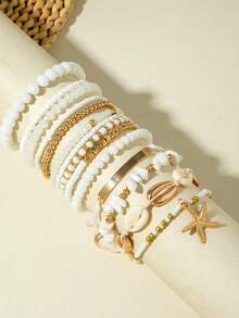 Set de 7 piezas/14 piezas de pulseras trenzadas con estrellas de mar de vidrio estilo bohemio, un regalo precioso para mujeres en vacaciones de playa - Multicolor - Ver 4