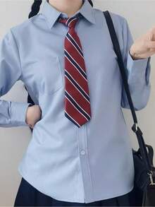 Women's Long-Sleeved Shirt, Regular Collar, Solid Color, With Pocket, Comes With A Striped Tie Set, Slim Fit, Flattering Silhouette, Light Blue, Casual, Office, School, Daily Wear, Date, Spring, Summer, Autumn, Winter, Easy To Wear. - Blue - View 7