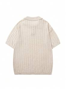 Spring/Summer Men's Unisex Polo Collar Short Sleeve Knit Top Hollow Out Casual Loose Business Commute Half-Open Placket Pullover T-Shirt - Apricot - View 5