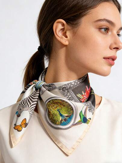 1pc Vintage Frame Animal & Floral Print Square Scarf All Season Spring, Summer, Autumn And Winter Shawl And Wraps Suitable For Daily Outings Travel Wedding Party Balls Banquets Bridesmaid Headscarfs Women Accessories