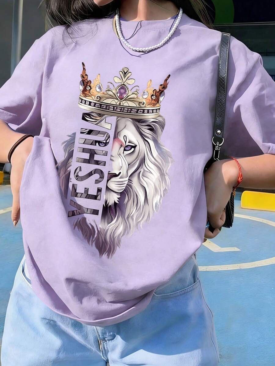 Áo thun nữ mùa hè mới, kiểu dáng rộng rãi, in khẩu hiệu, cổ tròn, tay ngắn, thích hợp mặc hàng ngày và đi nghỉ mát. - Màu tím hoa cà - Xem 1