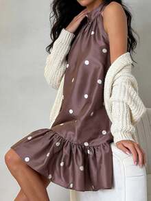 Women Summer Halter Neck Sleeveless Mini Dress Mock Neck Satin Ruffle Hem A Line Party Club Dresses - Brown - View 6