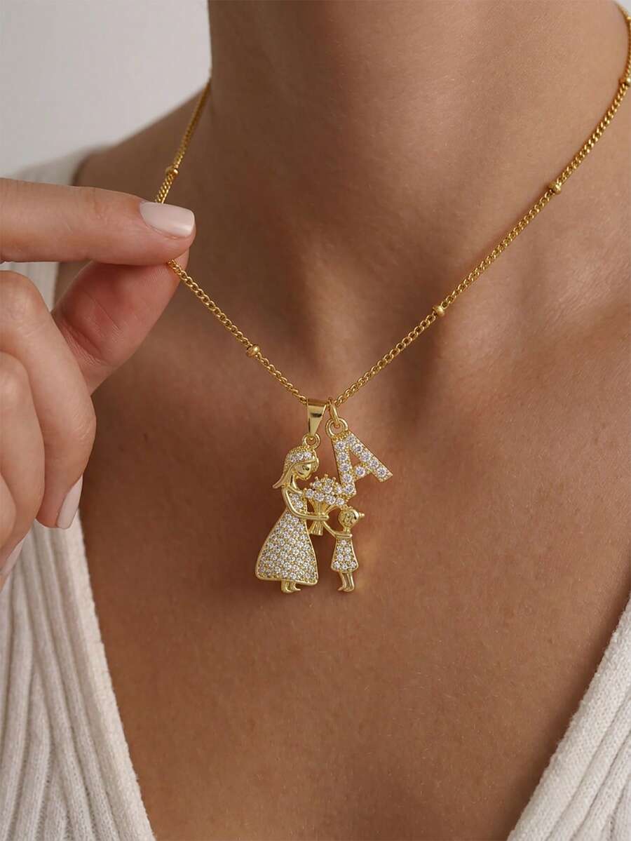 1PC Exquisite Elegant Rtro A-Z 26 Initial Letter With Gold Mom & Child Cubic Zirconia Pendant Stainless Steel Necklace, Sentimental Gift From Daughter Son, 2026 Mother's Day Gift For Mom - Yellow Gold - View 1