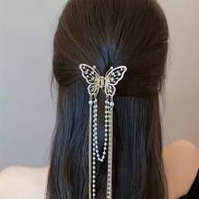 1pc New Butterfly Tassel Hollow Hair Clip, Elegant Butterfly Shaped Design With Rhinestones And Faux Pearl Tassels, Suitable For Ponytail And Updo Hairstyles, Adds A Graceful And Sweet Vibe To The Look Beach Accessories Hair Clips Summer Outfits Claw Clips Beach Hair Claws,Travel,Birthday - Multicolor - View 1