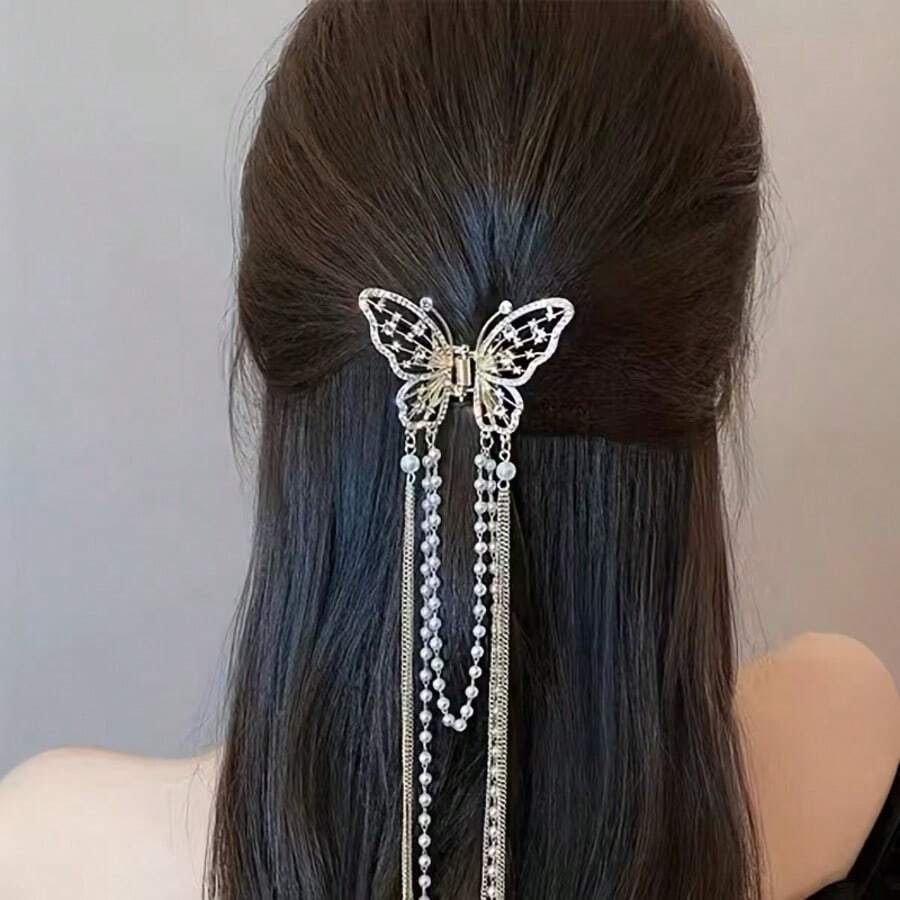 1pc New Butterfly Tassel Hollow Hair Clip, Elegant Butterfly Shaped Design With Rhinestones And Faux Pearl Tassels, Suitable For Ponytail And Updo Hairstyles, Adds A Graceful And Sweet Vibe To The Look Beach Accessories Hair Clips Summer Outfits Claw Clips Beach Hair Claws,Travel,Birthday - Multicolor - View 1
