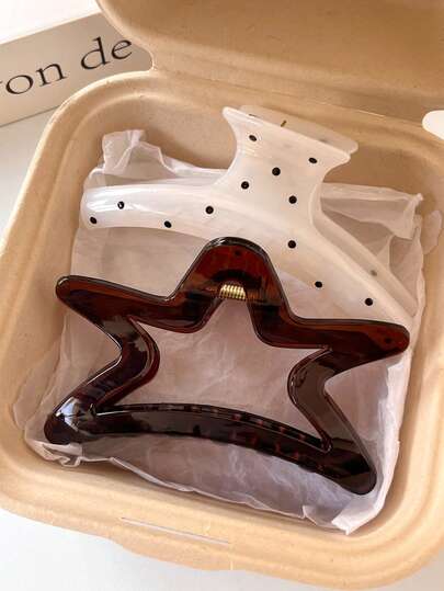 2pcs/1pc 4.69in/11.9cm White Polka Dot & Brown Lightweight Plastic Hair Clips, Fashionable Versatile Elegant Minimalist Solid Color Hair Claws, Suitable For Daily Wear, Casual, Party, Commute, Beach, Bun, Ponytail, Washing Face, Makeup, Outfit Accessory (Single-Sided Letter Label)