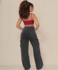 Cargo 2 Pocket Graphite Wide Leg Women's High-Waisted Jeans Without Lycra - Dark Grey - View 4