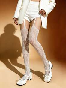 一双蕾丝玫瑰图案镂空网眼过膝袜，采用镂空设计，适合夏季日常聚会、派对和郊游，也可作为圣诞礼物。 - 白色 - 查看 12