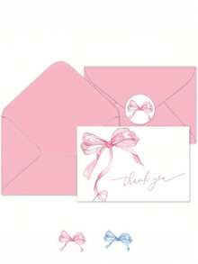 10pcs/Set Pink Bow Thank You Cards With Envelopes And Stickers Watercolor Bow Greeting Cards Pink Blank Note Cards For Wedding Birthday Bachelorette Baby Shower Party Supplies(Pink, Blue) - Multicolor - View 2