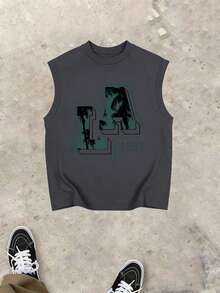 Bộ đồ thường ngày cho bé trai tuổi teen, in chữ "LA" và số 1987, áo tank top không tay và quần cargo, thoải mái cho mùa xuân/hè. - Màu xám đen - Xem 5