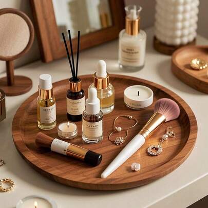 Round Wooden Tray, Service Tray, Wooden Tray, Food Tray, Bathroom Tray, Home Decor Tray, Jewelry Tray, Dessert, Bread, Sushi, Fruit, Coffee And Tea Cup Tray