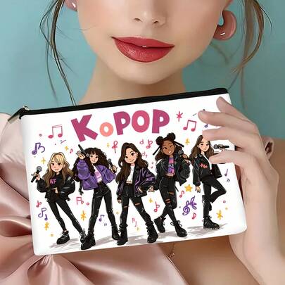 K-Pop Group Themed Storage Bag With K-Pop Characters - Durable Polyester Zippered Organizer Suitable For Travel, Gym, Toiletries & Snacks - Machine-Washable Pouch For Women, K-Pop Fans Gift (Cute K-Pop Design)