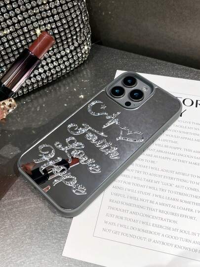 1个镶嵌水钻的励志标语图案爱心元素闪亮镜面全包覆舒适软边保护手机壳，兼容 17 Pro Max、16 Pro Max、15、14 Pro、13、12、11系列，包含励志标语元素，镜面手机壳，软边设计，易于安装，新款时尚手机壳