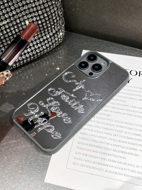 1个镶嵌水钻的励志标语图案爱心元素闪亮镜面全包覆舒适软边保护手机壳，兼容 17 Pro Max、16 Pro Max、15、14 Pro、13、12、11系列，包含励志标语元素，镜面手机壳，软边设计，易于安装，新款时尚手机壳