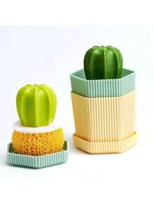 Cactus-Shaped Dish Brush Set With Draining Tray – Soft-Bristled Cleaning Brush Suitable For Sinks, Frying Pans And All Kinds Of Pots – Practical Manual Cleaning Tool, Pot Brush | Cactus-Themed Design | Soft-Bristled Cleaner - FC292 Pot Brush - View 4