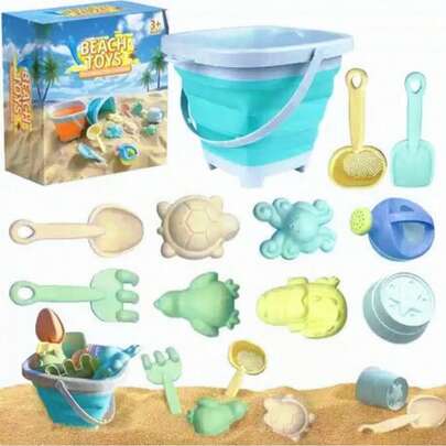 Juego de juguetes de playa multifuncional - Incluye cubo de agua pequeño, cubo plegable, pala para jugar con arena, adecuado para juegos de playa para niños, juegos acuáticos, camping, pesca, viajes, almacenamiento en el automóvil, limpieza del hogar. (Color aleatorio para los accesorios del molde)