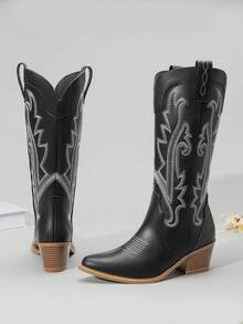 Athlefit Women's Embroidered Western Cowboy Boots Concert Boots Fashion Pointed Toe Chunky Heel Mid Calf Chic Cowgirl Boots - 黑色 - 查看 5