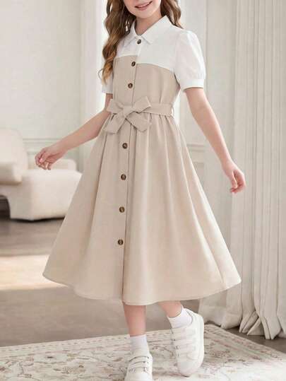 8-12 岁女孩时尚休闲连衣裙，撞色领子拼布连衣裙，淑女风格，适合休闲度假，送给女孩的绝佳礼物