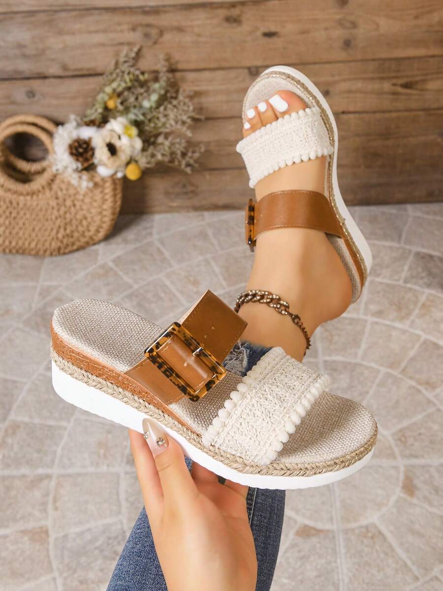 女士编织豹纹坡跟凉拖鞋，休闲露趾厚底草编拖鞋，适合夏季日常穿着和海滩度假 - 白色 - 查看 1