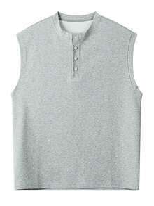 Men's Heather Gray Sleeveless Henley Top Old Money Style Business Casual Knit Vest For Office & Refined Daily Wear - Grey - View 5