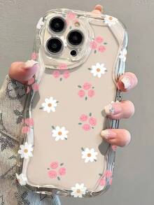 Capa protetora para celular com estampa criativa de pequenas flores brancas e bordas onduladas, compatível com Samsung A14/A15/A16/A17/A04/A05/A06/A07/A54/A55/A56/A57/A34/A35A/36/A37/S26/S26Plus/S26Ultra, SMART7/8/9/10, Honor 400/400Pro/200/200Pro/X7C/X8C/X9C, 10C/13C (versão internacional, não a versão nacional). - Creme transparente - Ver 3