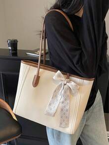 Fashionable Solid Color Scarf Decor PU Tote Bag, Large Capacity Commuter Vintage Minimalist Shoulder Bag, Versatile Handbag Suitable For Women - 米色 - 查看 3