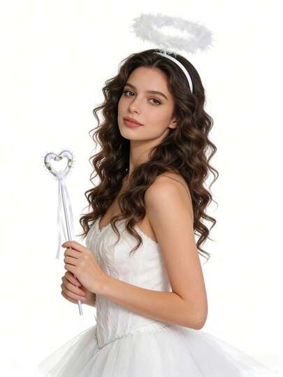 2pcs Angel Costume (Headband, Magic Wand), Elegant Angel Outfit, Angel Attire, Cosplay, Holiday Decoration Props