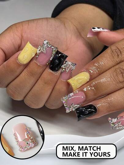 24pcs Duck Mouth Shaped Yellow Patterned & Black French Tip Design Nails, Comes With 3D Silver Butterfly & Zebra Prints, Luxury Look, Includes Nail File & Gel
