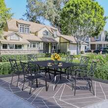 7 Pieces Patio Metal Furniture Outdoor Dining Set With 6 Stackable Bistro Chairs And 60'' X 37'' Rectangle Table With Umbrella Hole Black - 黑色 - 查看 7