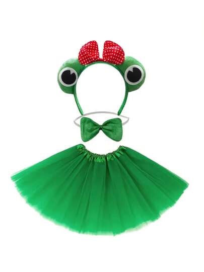 3件套可爱青蛙主题服装，包括1个青蛙头箍、1个领结和1条薄纱裙，适合万圣节派对和节日表演。