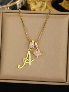 1pc Luxury Personalized Square Cubic Zirconia Handwritten Letter Pink Heart Pendant Gold Stainless Steel Necklace, Fashionable Gift Suitable For Girlfriend, Mom, Family, Friends, Daughter, Anniversary, Mother's Day, Birthday, Graduation, Daily Wear - Yellow Gold - View 4