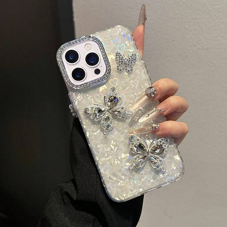 1个白色贝壳纹理激光全息心形蝴蝶优雅水钻手机壳,兼容 15、15 Pro、15 Pro Max、16、16 Pro、16 Pro Max、17、17 Pro、17 Pro Max - 白色 - 查看 1