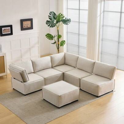 Halbkomprimierte modulare Sofagarnitur aus Holz, vielseitig einsetzbar, vielseitig, flexibel und einfach zu verbinden, für jede Art von Zuhause geeignet, beiger Leinenstoff (Kombination 2A+3B+C)