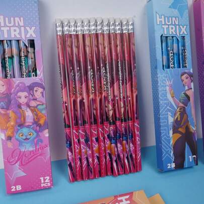 12개/1박스 연필 세트 악마 사냥 걸 그룹 박스형 2B 연필 세트 - 글쓰기, 학용품 및 선물용으로 이상적 K-Pop 팬에게 적합, K-Pop 연필 세트, 개학 시즌에 적합, 개학 시즌 선물[스타일은 무작위로 배송]/8개 아이돌 스티커, 귀여운 옷 입히기 스티커