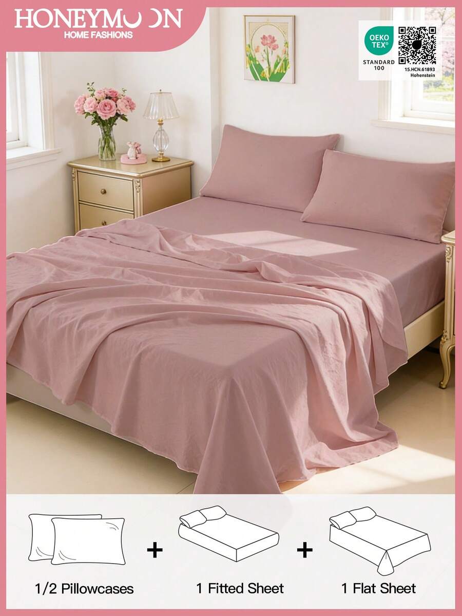 Bộ đồ giường ngủ màu trơn thoải mái kèm vỏ gối. - Hồng - Xem 1