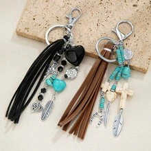 1 pieza Llavero con colgante de cuero con borla, estilo vaquero occidental retro, con hoja y cabeza de toro de metal, perfecto como regalo para amigos - Multicolor - Ver 1