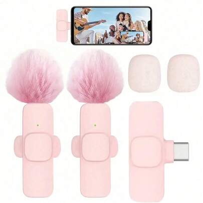 Pembe Kablosuz Yaka Mikrofonu Mini Taşınabilir 2.4GHz Çift Yaka Mikrofonu Tak Çalıştır Yaka Mikrofonu Otomatik Gürültü Engelleme ve 60mAh Şarj Edilebilir Batarya ile Video Kaydı, Canlı Yayın, Röportajlar İçin Uygundur